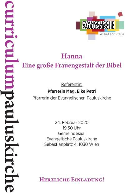 Curriculum Pauluskirche zu Hanna - Eine große Frauengestalt der Bibel am 24. Februar 2020, 19.30 Uhr