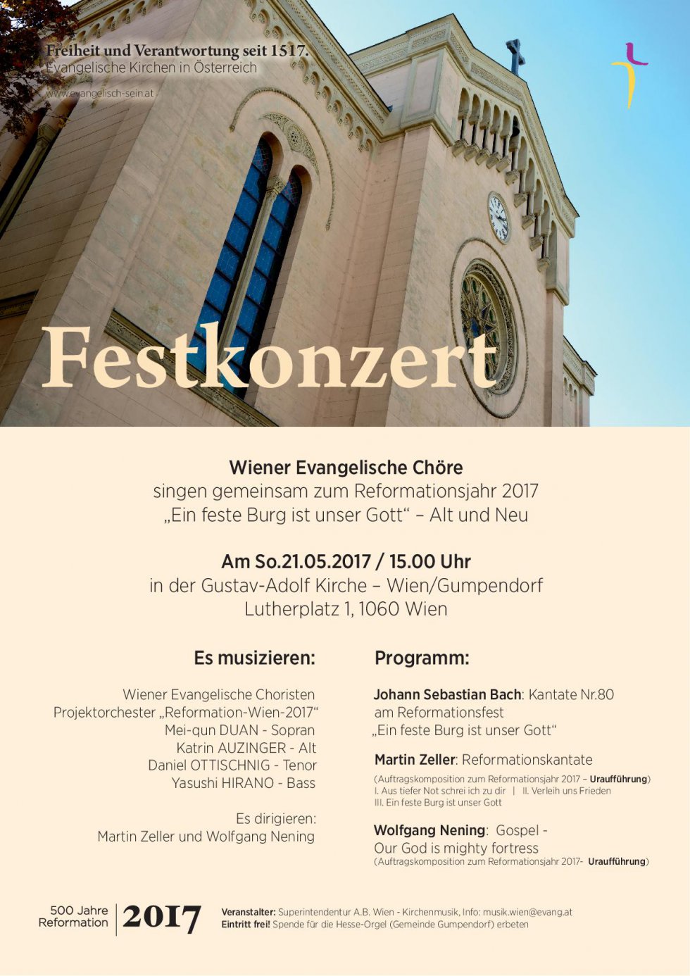 Plakat zum Festkonzert - zu sehen ist die Gustav-Adolf-Kirche in Wien