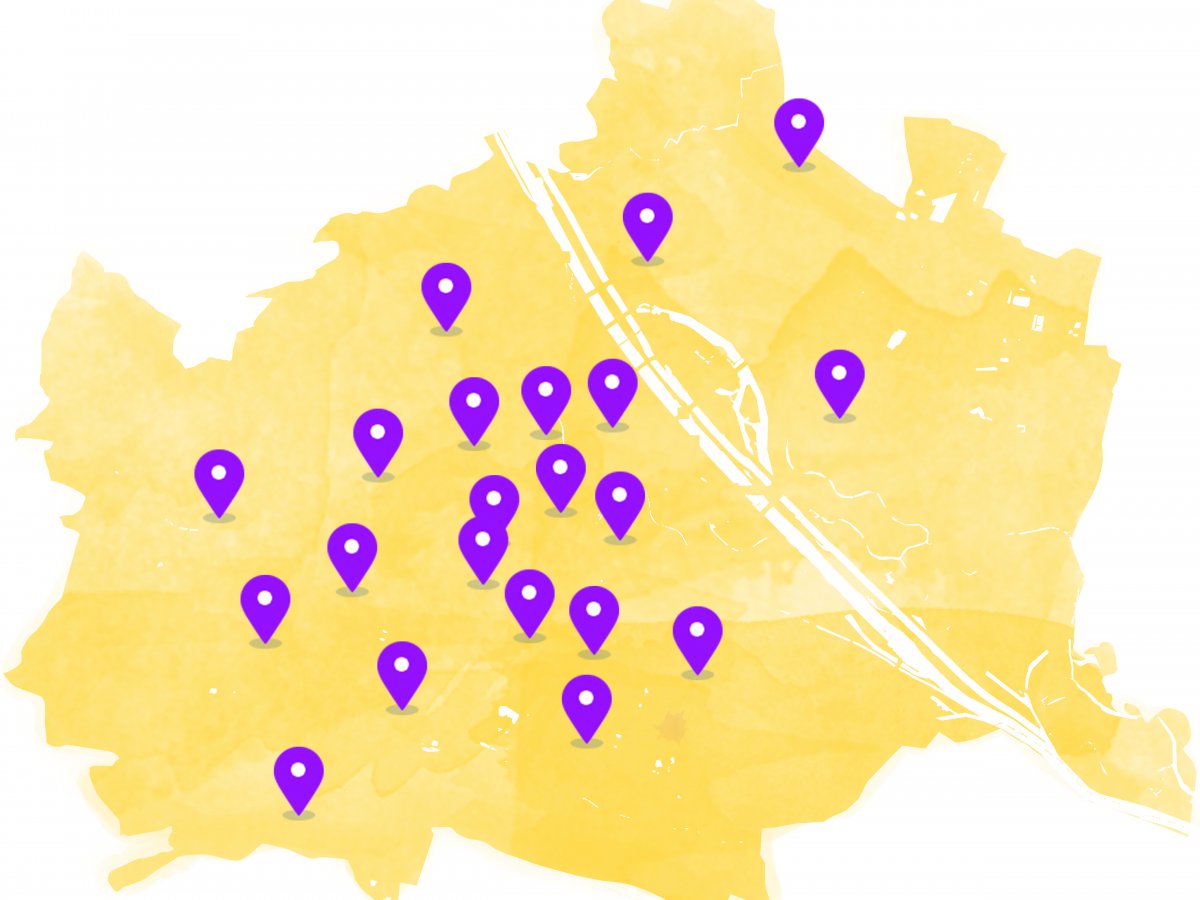 Die 21 lutherischen Pfarrgemeinden in Wien - auf dieser Wien-Karte markiert - bilden den Kern der Evangelischen Diözese A.B. Wien.