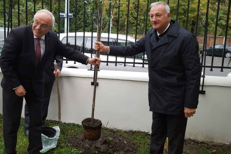   In Wien pflanzten Bischof Michael Bünker und Reinhart Guib, der Bischof der Evangelischen Kirche A.B. in Rumänien, ein Apfelbäumchen als Zeichen der Hoffnung. Foto: epd/T. Dasek 