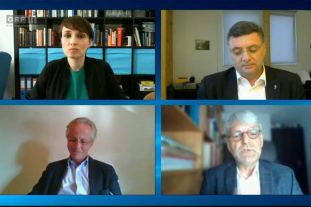 Virtuelle Diskussionsrunde: Sigrid Maurer (Grüne), Jörg Leichtfried (SPÖ), der Theologe Ulrich Körtner und Georg Kapsch von der Industriellenvereinigung (im Uhrzeigersinn). Foto: ORF/Screenshot Virtuelle Diskussionsrunde: Sigrid Maurer (Grüne), Jörg Leichtfried (SPÖ), der Theologe Ulrich Körtner und Georg Kapsch von der Industriellenvereinigung (im Uhrzeigersinn). Foto: ORF/Screenshot