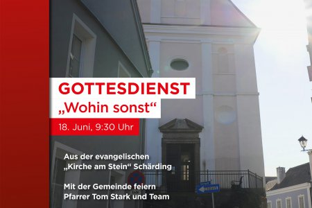  Menschen aus Nah und Fern versammeln sich nicht nur am 18. Juni zum Gottesdienst in der „Kirche am Stein“ in Schärding. (Foto: Uschmann, Grafik: ORF) Menschen aus Nah und Fern versammeln sich nicht nur am 18. Juni zum Gottesdienst in der „Kirche am Stein