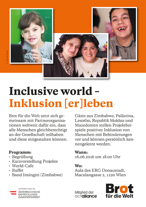 Plakat des Brot für die Welt Inklusionsfest: Inclusive world – Inklusion [er]leben