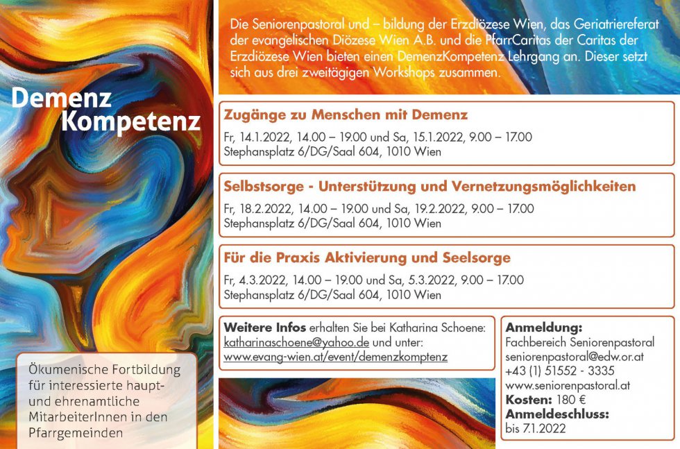 Inserat Ökumenische Fortbildung für interessierte haupt und ehrenamtliche MitarbeiterInnen in den Pfarrgemeinden