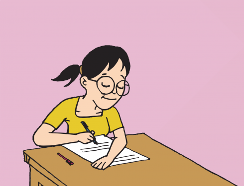 zeichnunng, mädchen lernt am schreibtisch