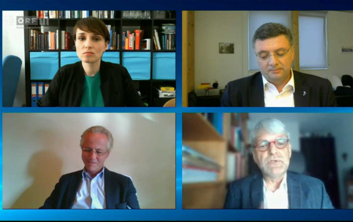 Virtuelle Diskussionsrunde: Sigrid Maurer (Grüne), Jörg Leichtfried (SPÖ), der Theologe Ulrich Körtner und Georg Kapsch von der Industriellenvereinigung (im Uhrzeigersinn). Foto: ORF/Screenshot